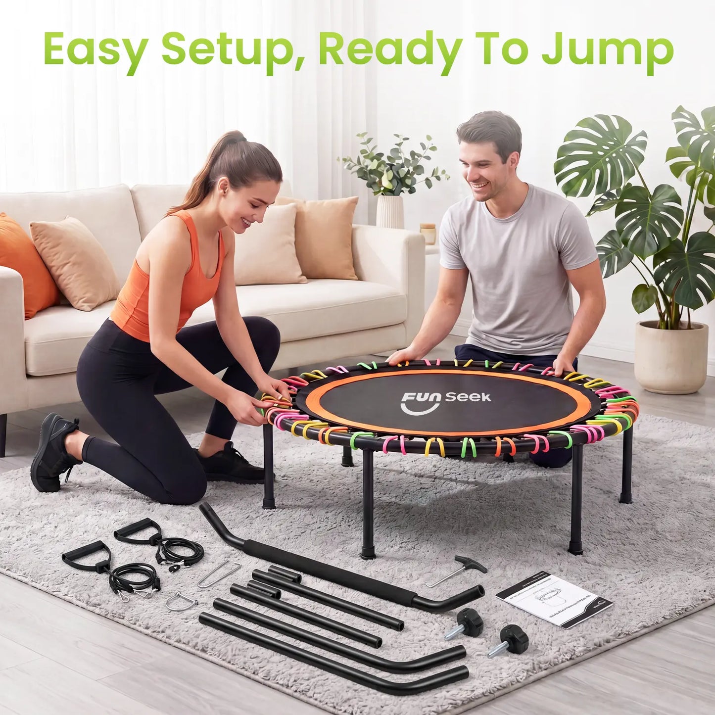 FUNSEEK 48" Foldable Mini Trampoline for Adults & Kids, Quiet & Stable Fitness Rebounder with 4-Level Adjustable Handlebar, Resistance Bands Included, Supports up to 650 LBS