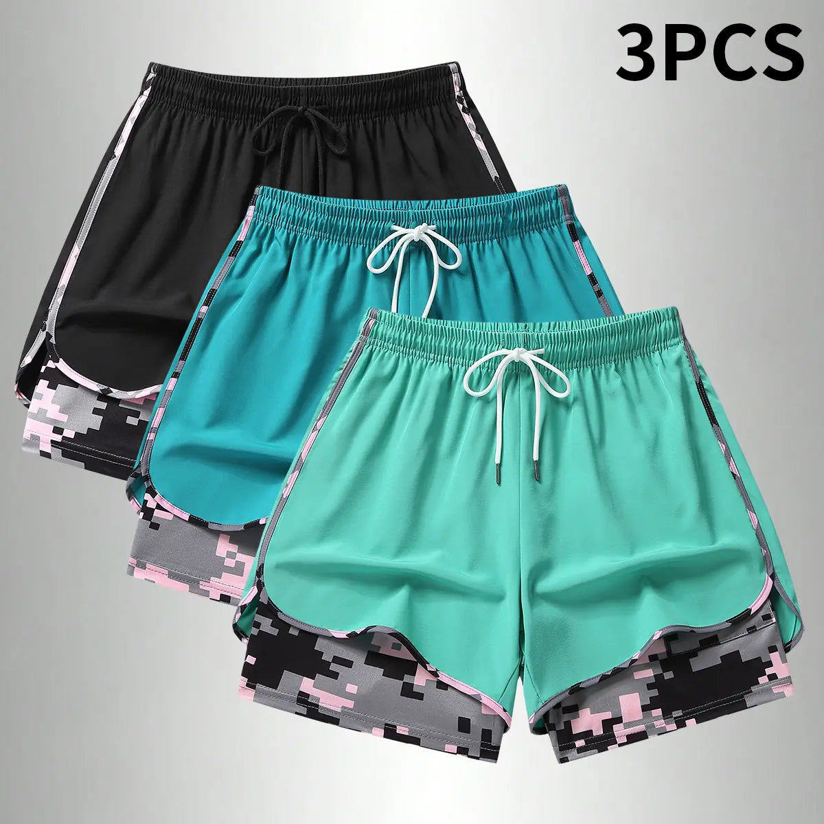 3PCS Women'S Sports Shorts, Camo Lined Polyester Athletic Shorts, Elastic Drawstring Waist, Casual Lightweight Shorts for Running, Gym Workouts & Daily Casual Wear,Summerwins