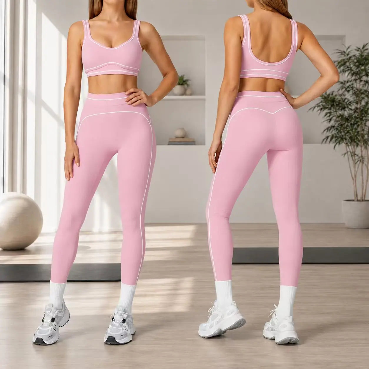 Trend Contrast Stripe Trim Sport Two Piece Set, Breathable Buttery Soft Seamless Yoga Bra & Hip Shaping Leggings Activewear Suit