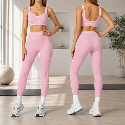 Trend Contrast Stripe Trim Sport Two Piece Set, Breathable Buttery Soft Seamless Yoga Bra & Hip Shaping Leggings Activewear Suit