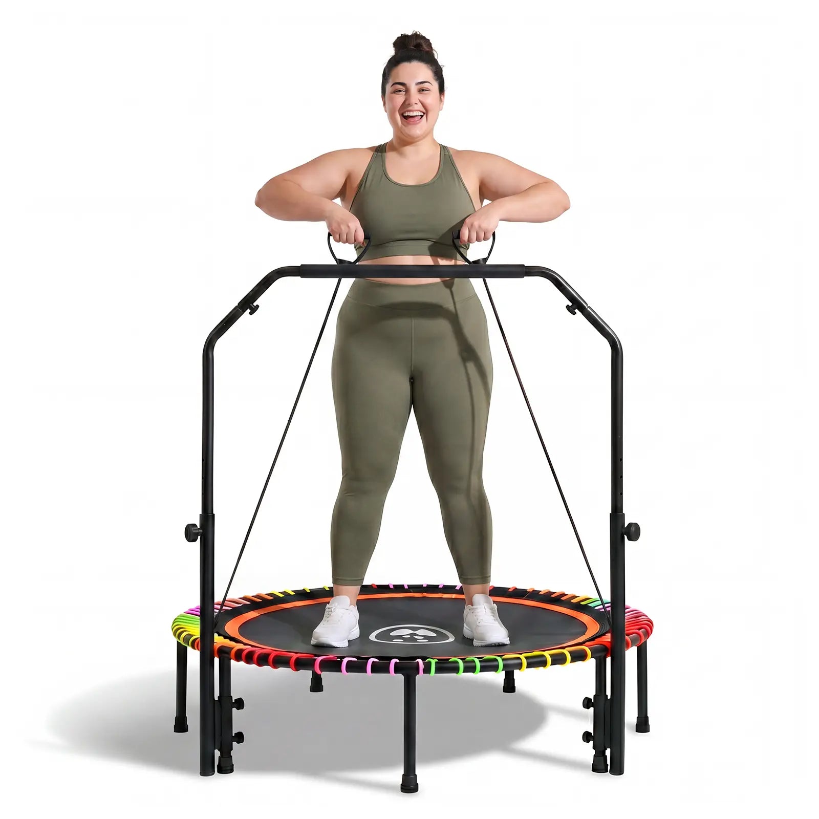 FUNSEEK 48" Foldable Mini Trampoline for Adults & Kids, Quiet & Stable Fitness Rebounder with 4-Level Adjustable Handlebar, Resistance Bands Included, Supports up to 650 LBS