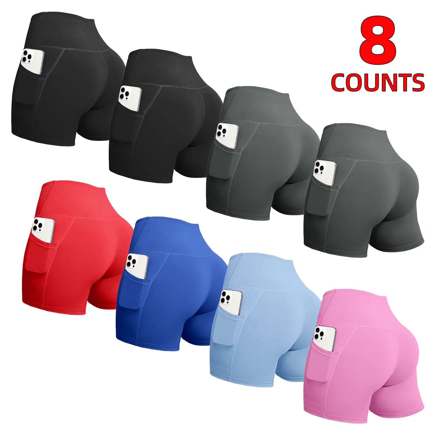 6/8 PACKS High Waisted Biker Shorts for Women with Pockets Tummy Control Fitness Athletic Workout Running Yoga Gym Shorts