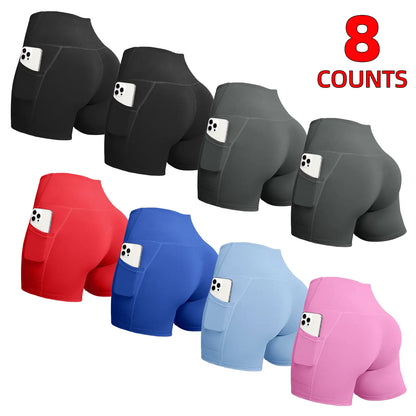 6/8 PACKS High Waisted Biker Shorts for Women with Pockets Tummy Control Fitness Athletic Workout Running Yoga Gym Shorts