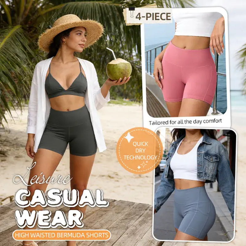6/8 PACKS High Waisted Biker Shorts for Women with Pockets Tummy Control Fitness Athletic Workout Running Yoga Gym Shorts