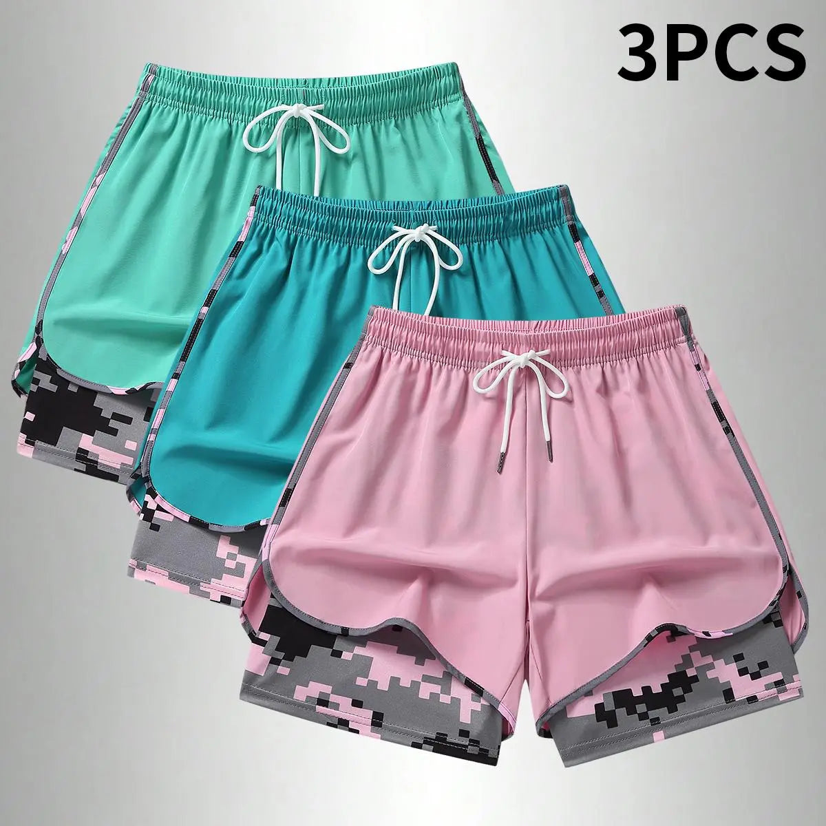 3PCS Women'S Sports Shorts, Camo Lined Polyester Athletic Shorts, Elastic Drawstring Waist, Casual Lightweight Shorts for Running, Gym Workouts & Daily Casual Wear,Summerwins