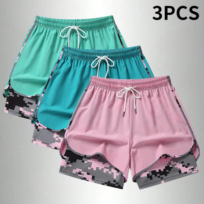 3PCS Women'S Sports Shorts, Camo Lined Polyester Athletic Shorts, Elastic Drawstring Waist, Casual Lightweight Shorts for Running, Gym Workouts & Daily Casual Wear,Summerwins
