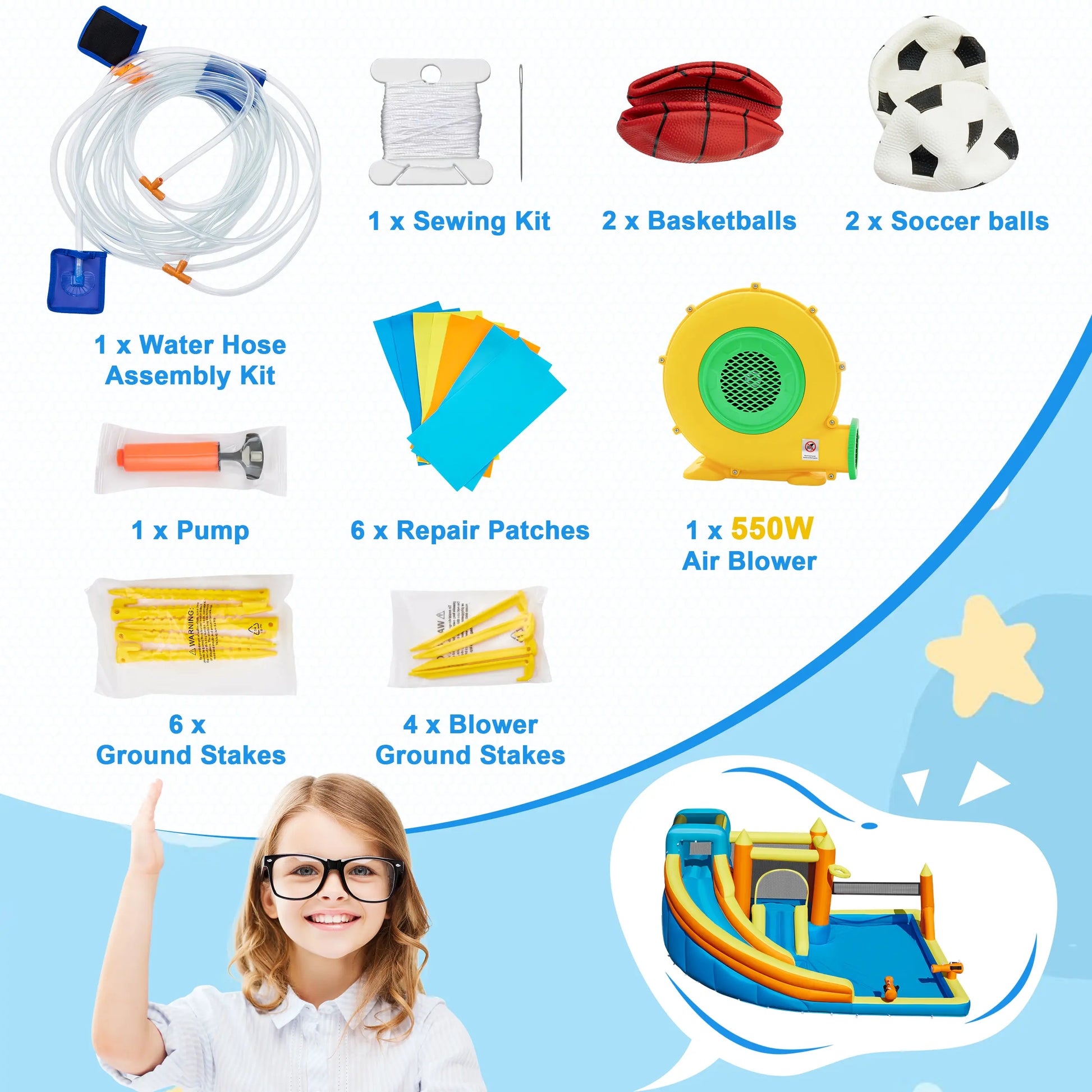 Inflatable Water Slide for 4-6 Kids, Big Water Bounce House for Kid Backyard, Blow up Water Park with 550W Blower, Splash Pool, Water Cannon, Climbing Wall for Kids Outdoor and Indoor