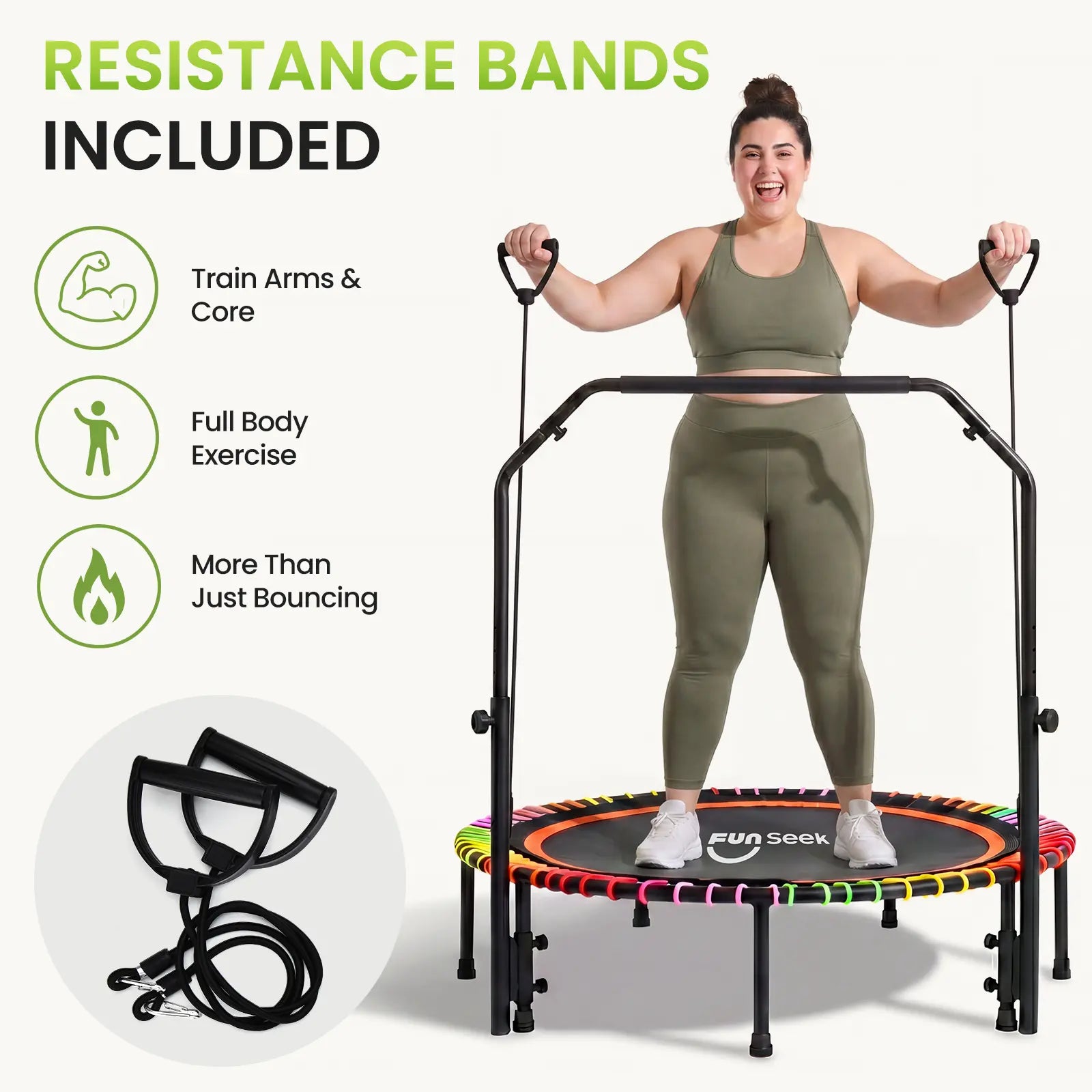 FUNSEEK 48" Foldable Mini Trampoline for Adults & Kids, Quiet & Stable Fitness Rebounder with 4-Level Adjustable Handlebar, Resistance Bands Included, Supports up to 650 LBS