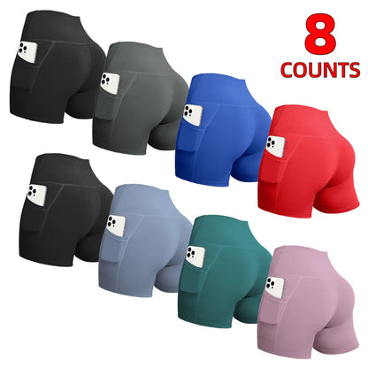 6/8 PACKS High Waisted Biker Shorts for Women with Pockets Tummy Control Fitness Athletic Workout Running Yoga Gym Shorts