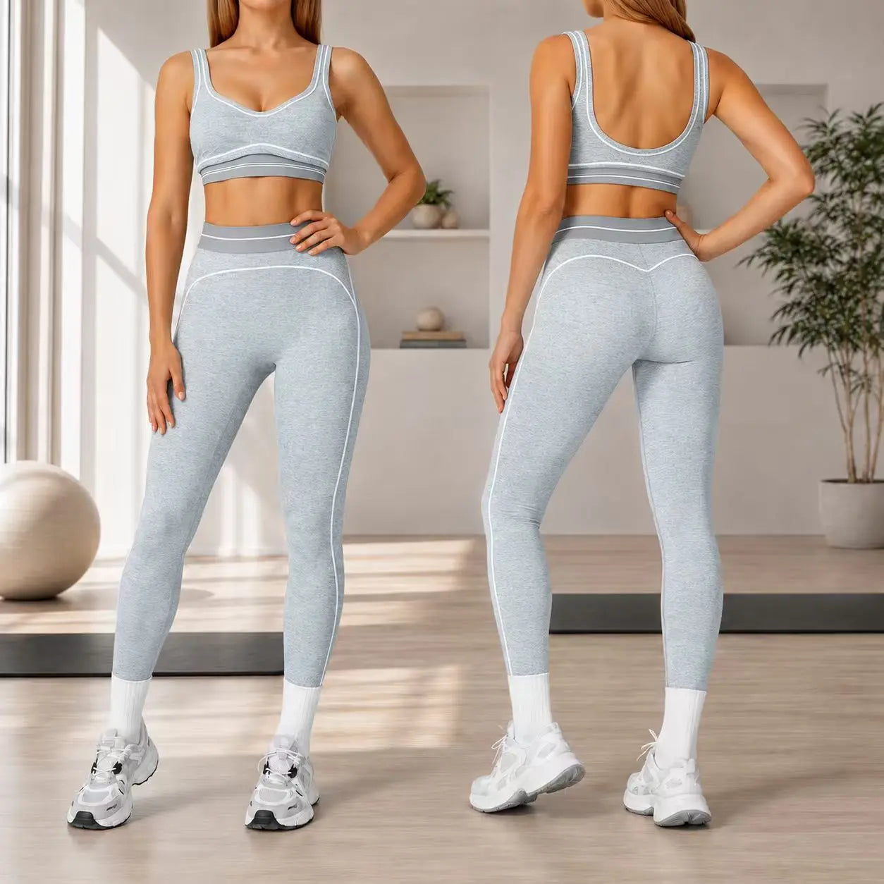 Trend Contrast Stripe Trim Sport Two Piece Set, Breathable Buttery Soft Seamless Yoga Bra & Hip Shaping Leggings Activewear Suit