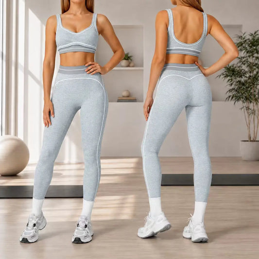 Trend Contrast Stripe Trim Sport Two Piece Set, Breathable Buttery Soft Seamless Yoga Bra & Hip Shaping Leggings Activewear Suit