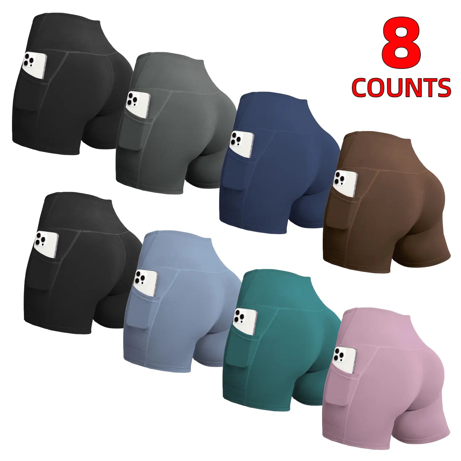 6/8 PACKS High Waisted Biker Shorts for Women with Pockets Tummy Control Fitness Athletic Workout Running Yoga Gym Shorts