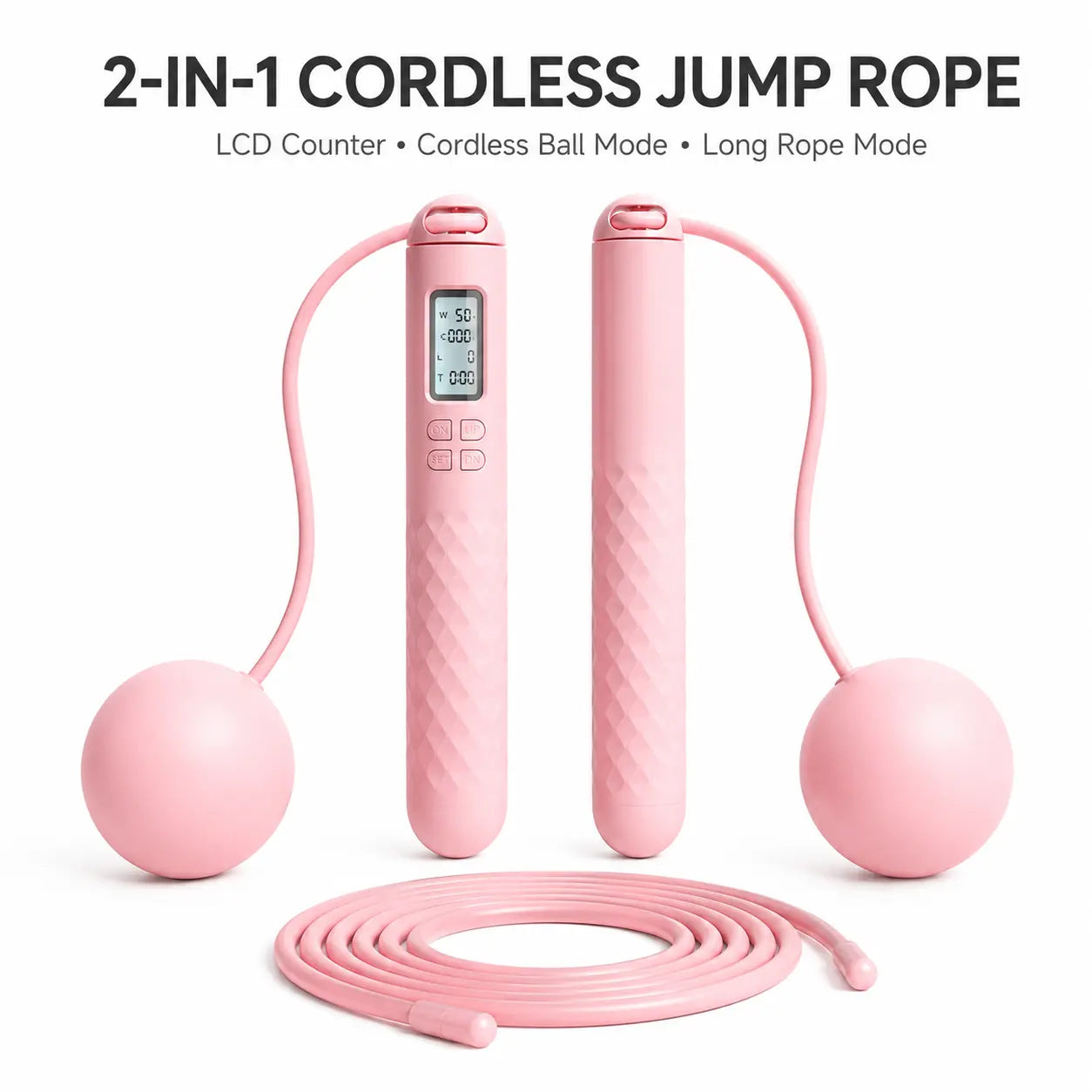 2-In-1 Smart Cordless Jump Rope with LCD Counter, Weighted Balls & Long Rope, Indoor Cardio Skipping Rope for Home Workout, Pink，Black