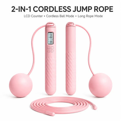 2-In-1 Smart Cordless Jump Rope with LCD Counter, Weighted Balls & Long Rope, Indoor Cardio Skipping Rope for Home Workout, Pink，Black