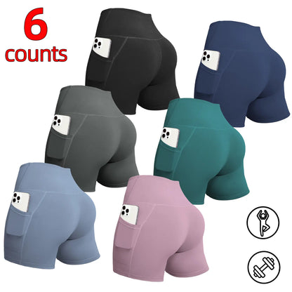 6/8 PACKS High Waisted Biker Shorts for Women with Pockets Tummy Control Fitness Athletic Workout Running Yoga Gym Shorts