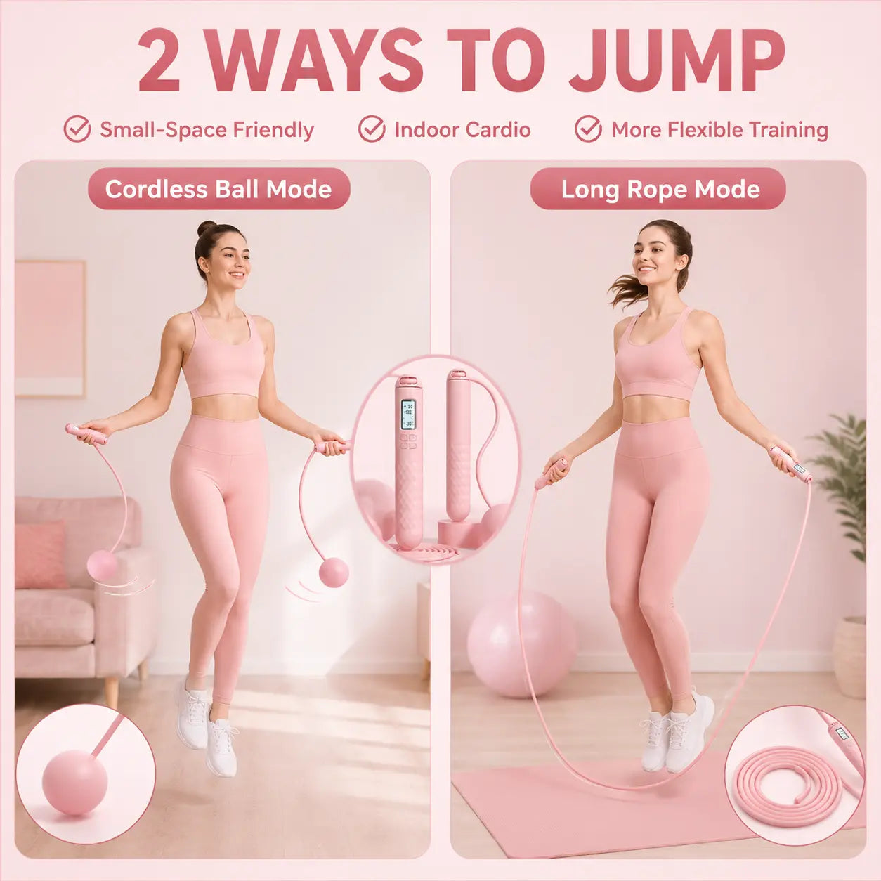 2-In-1 Smart Cordless Jump Rope with LCD Counter, Weighted Balls & Long Rope, Indoor Cardio Skipping Rope for Home Workout, Pink，Black
