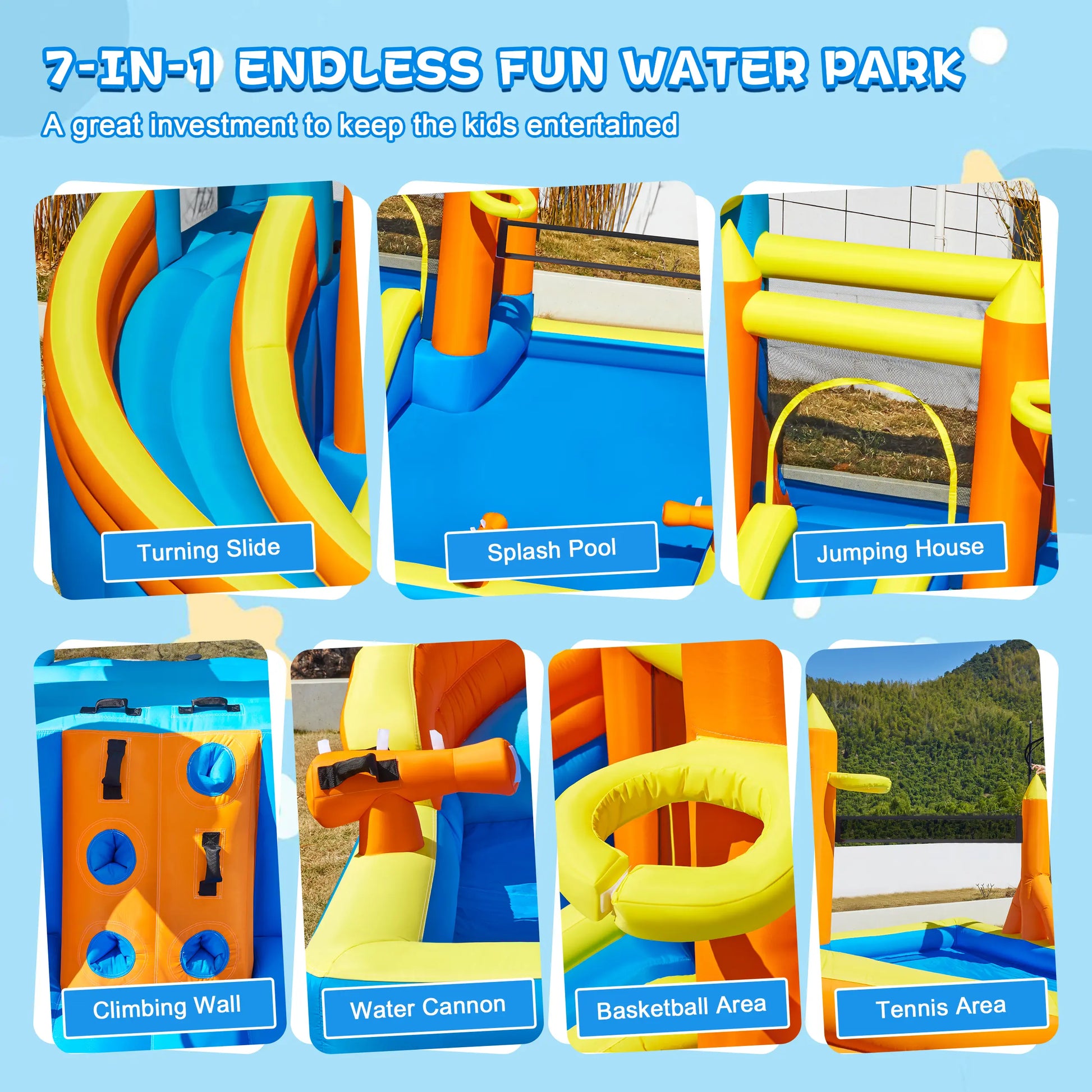 Inflatable Water Slide for 4-6 Kids, Big Water Bounce House for Kid Backyard, Blow up Water Park with 550W Blower, Splash Pool, Water Cannon, Climbing Wall for Kids Outdoor and Indoor