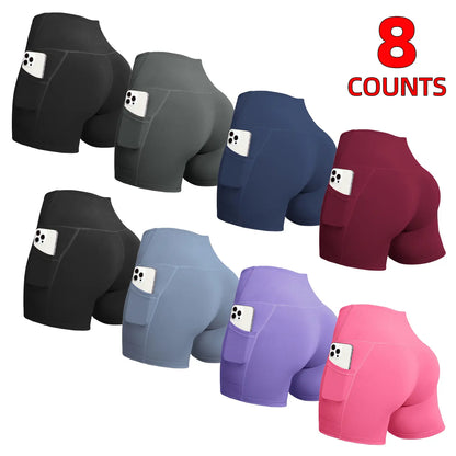 6/8 PACKS High Waisted Biker Shorts for Women with Pockets Tummy Control Fitness Athletic Workout Running Yoga Gym Shorts