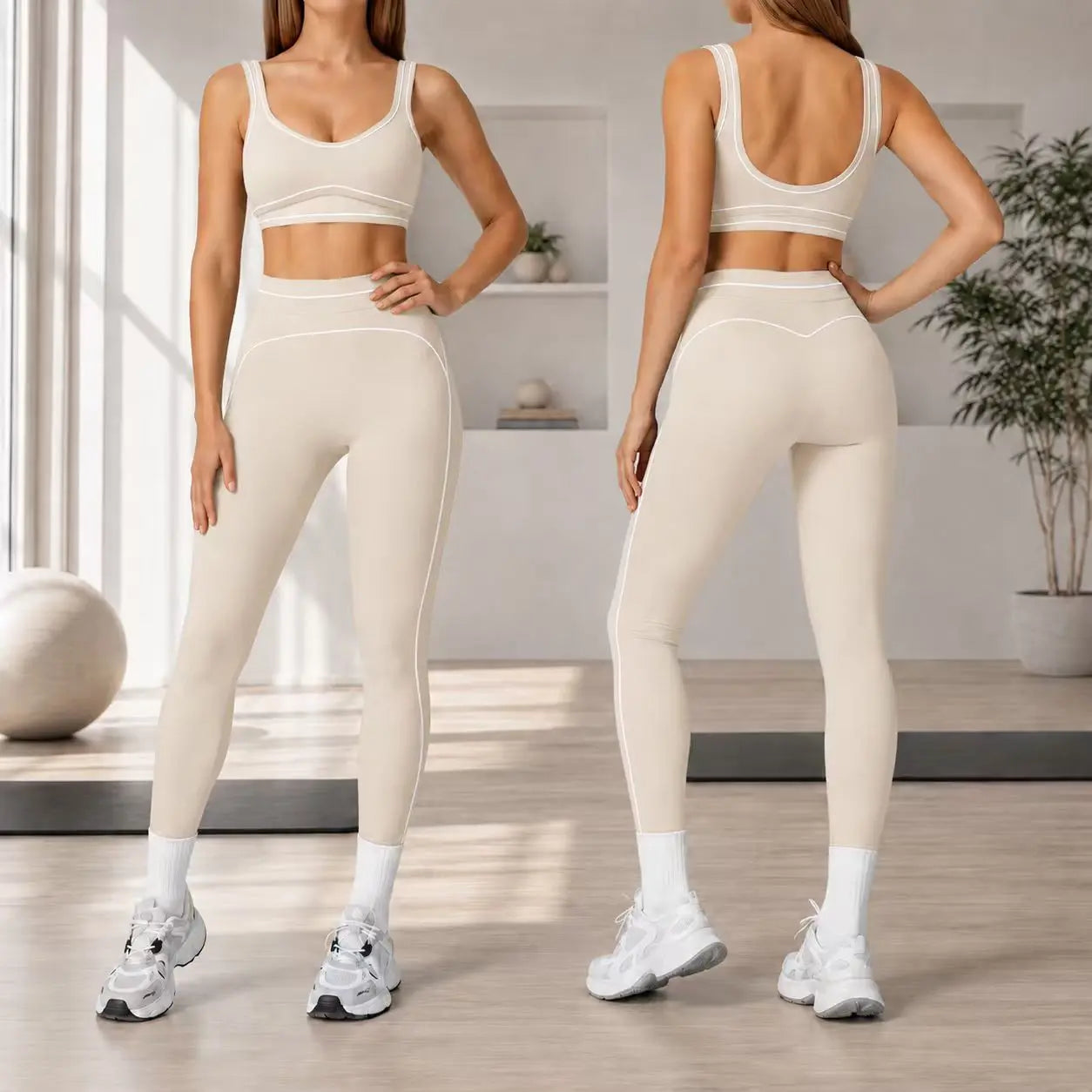 Trend Contrast Stripe Trim Sport Two Piece Set, Breathable Buttery Soft Seamless Yoga Bra & Hip Shaping Leggings Activewear Suit