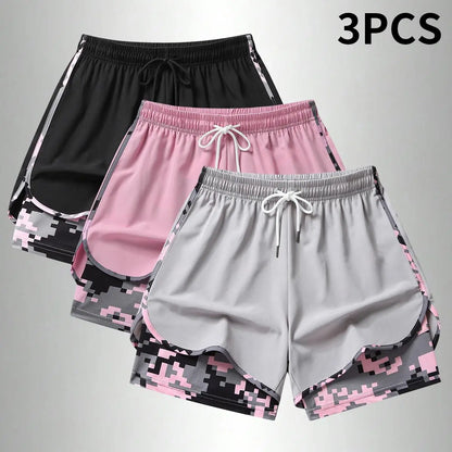 3PCS Women'S Sports Shorts, Camo Lined Polyester Athletic Shorts, Elastic Drawstring Waist, Casual Lightweight Shorts for Running, Gym Workouts & Daily Casual Wear,Summerwins