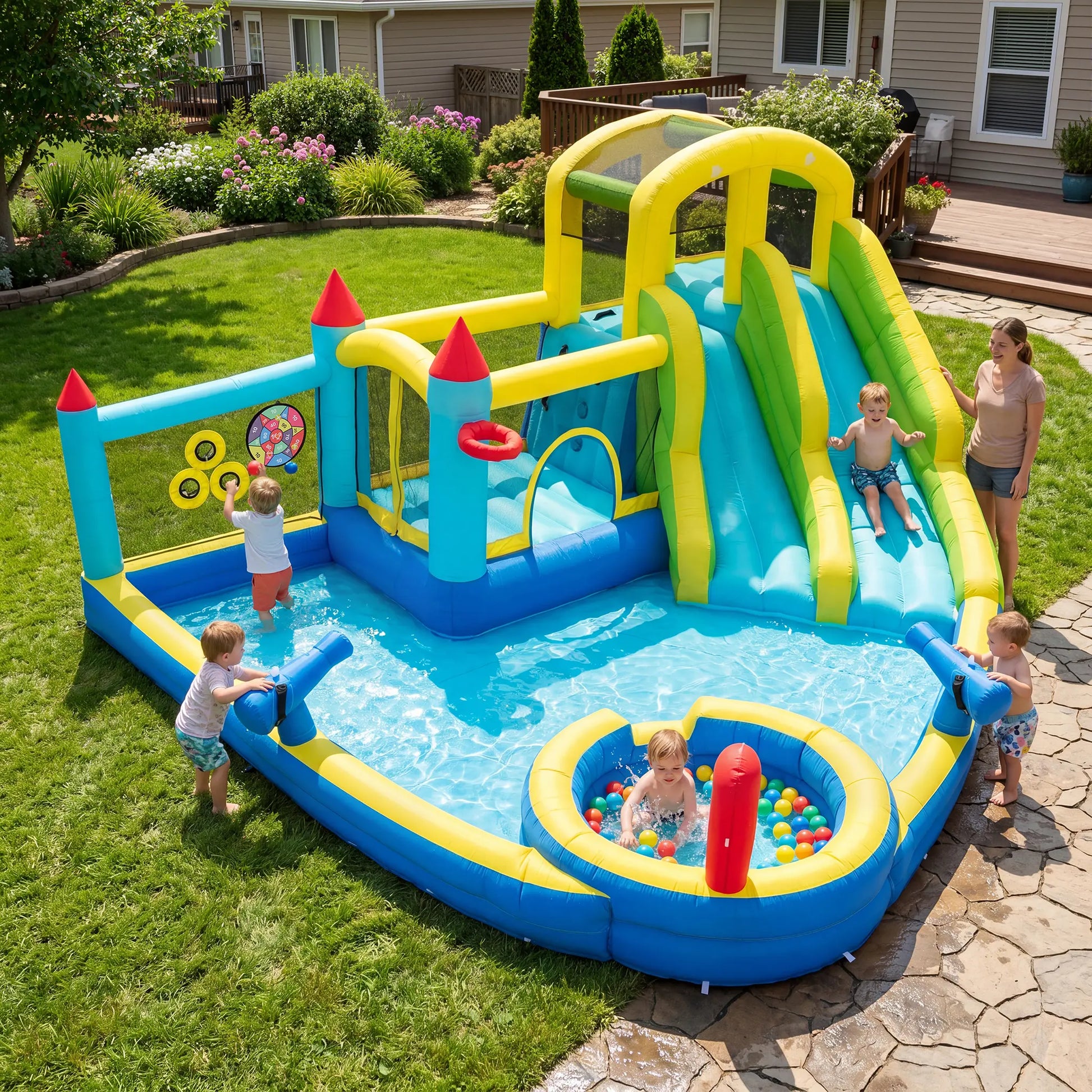 Inflatable Water Slide for 4-6 Kids, Big Water Bounce House for Kid Backyard, Blow up Water Park with 550W Blower, Splash Pool, Water Cannon, Climbing Wall for Kids Outdoor and Indoor