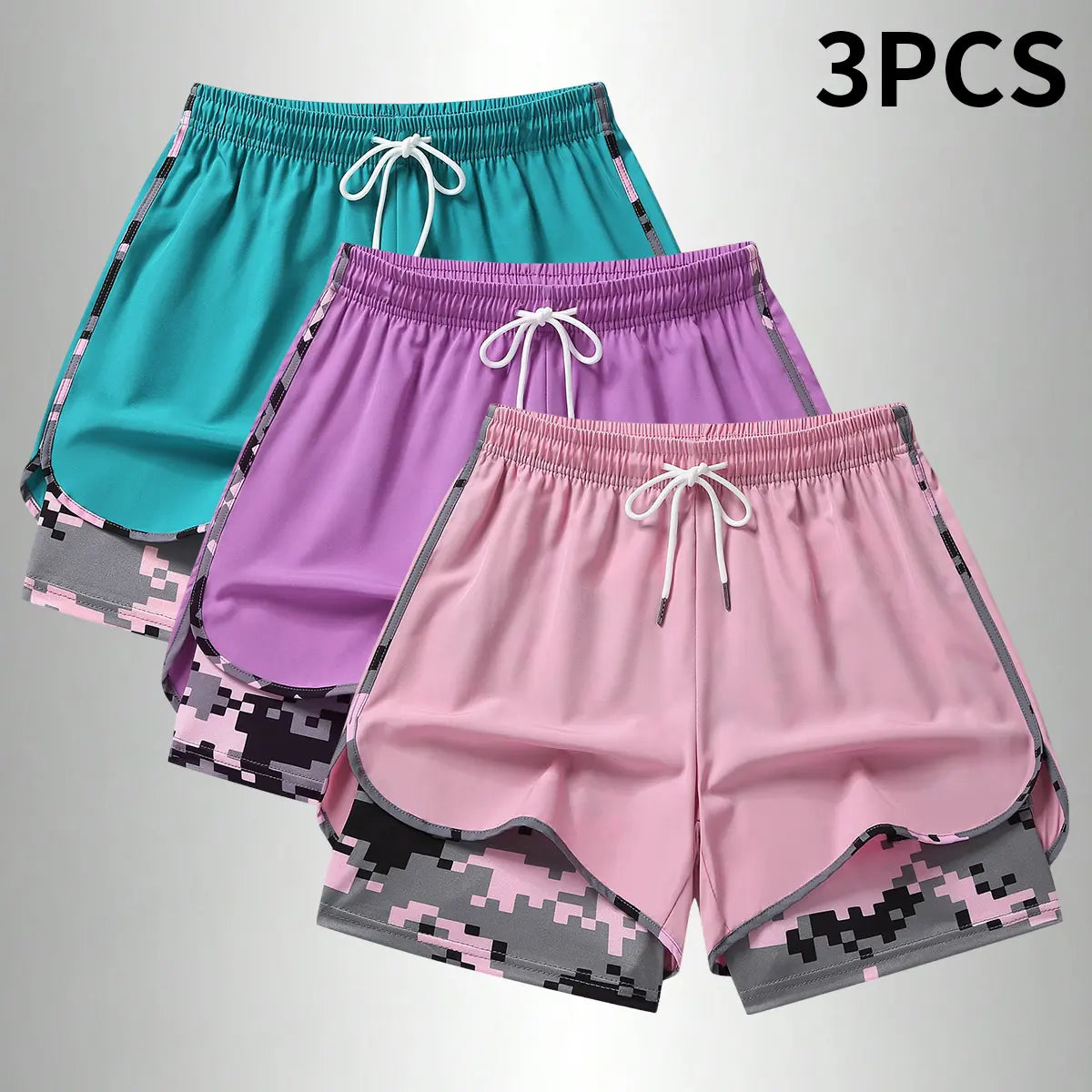 3PCS Women'S Sports Shorts, Camo Lined Polyester Athletic Shorts, Elastic Drawstring Waist, Casual Lightweight Shorts for Running, Gym Workouts & Daily Casual Wear,Summerwins