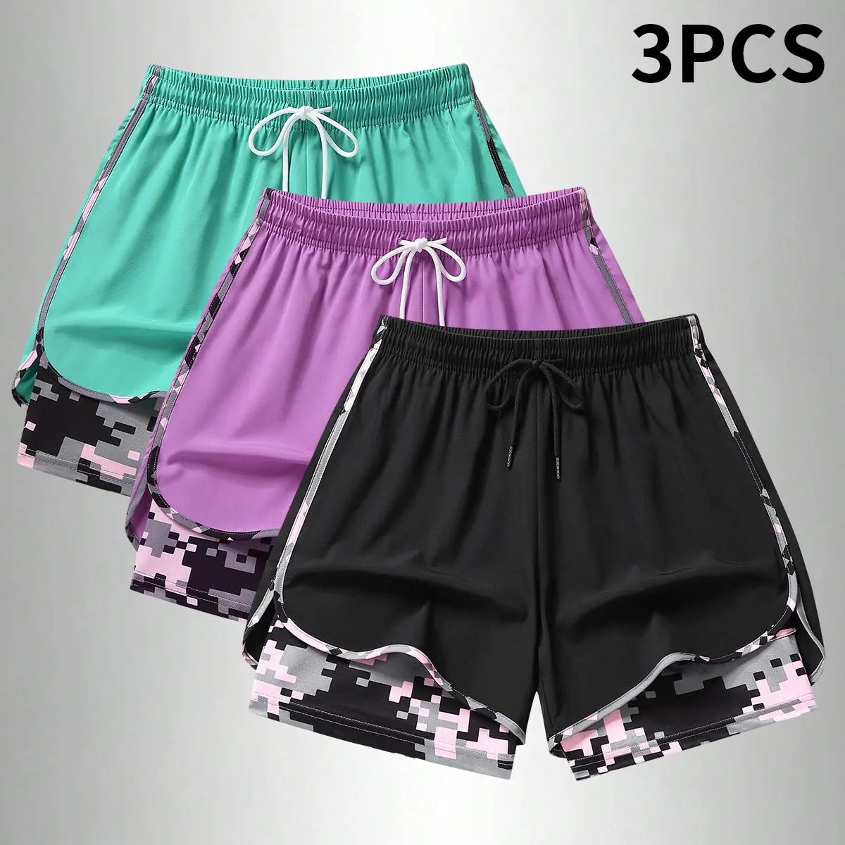 3PCS Women'S Sports Shorts, Camo Lined Polyester Athletic Shorts, Elastic Drawstring Waist, Casual Lightweight Shorts for Running, Gym Workouts & Daily Casual Wear,Summerwins