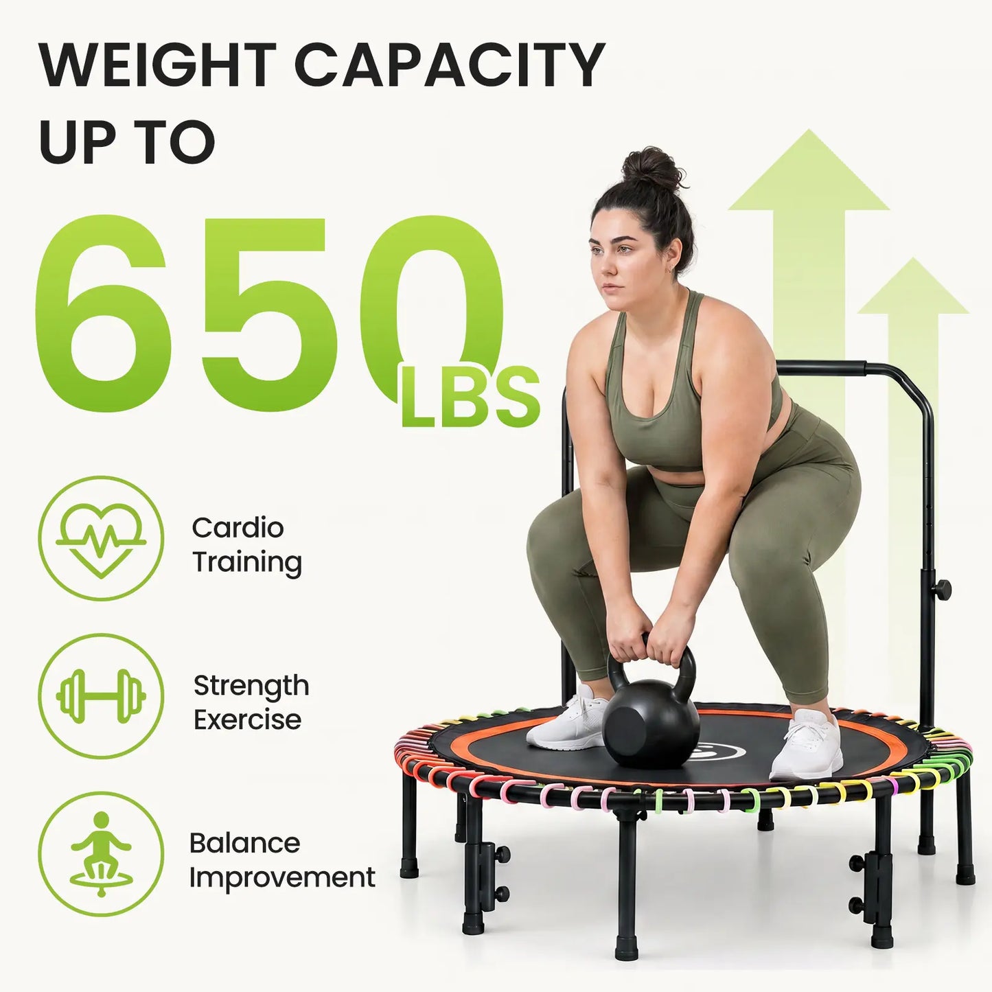 FUNSEEK 48" Foldable Mini Trampoline for Adults & Kids, Quiet & Stable Fitness Rebounder with 4-Level Adjustable Handlebar, Resistance Bands Included, Supports up to 650 LBS