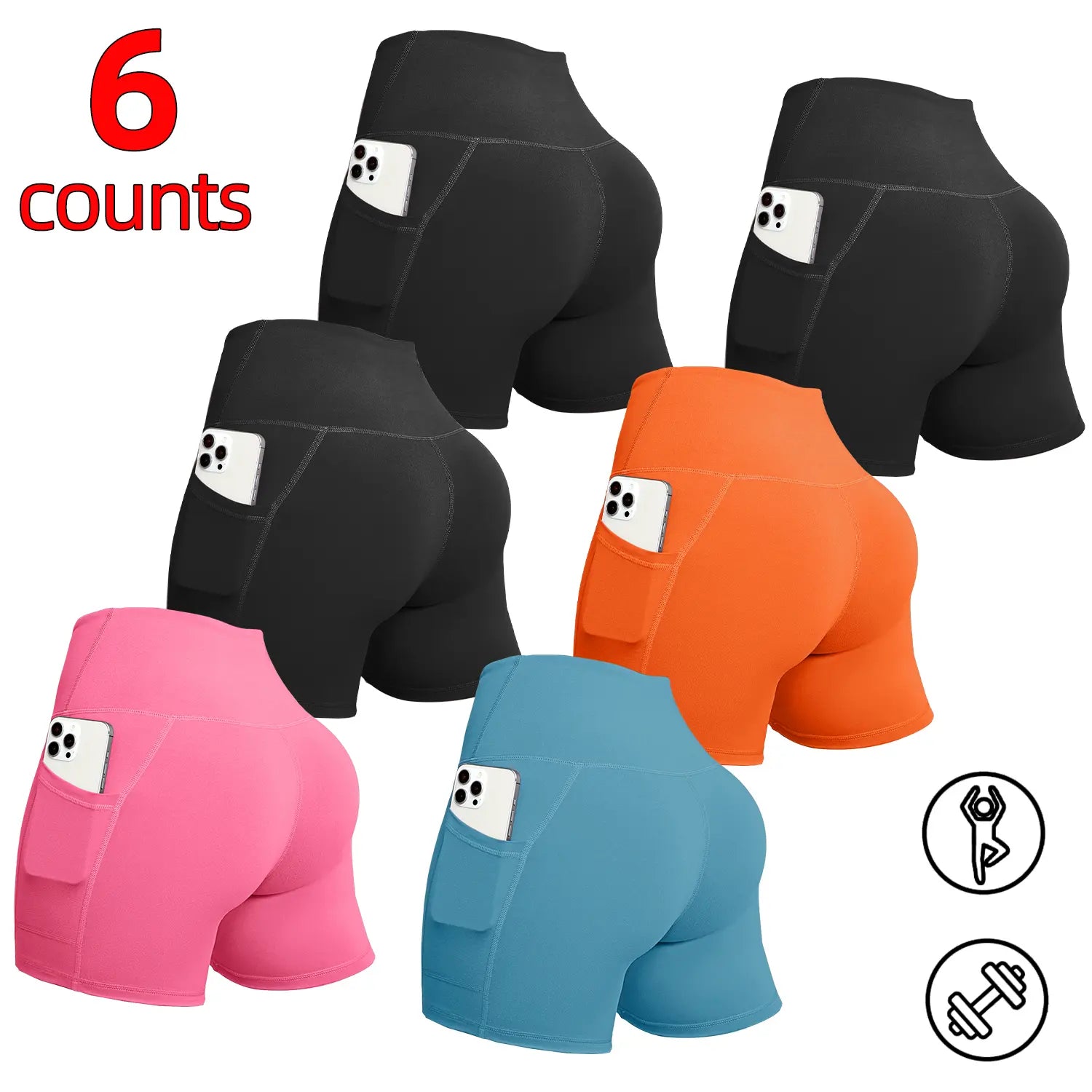 6/8 PACKS High Waisted Biker Shorts for Women with Pockets Tummy Control Fitness Athletic Workout Running Yoga Gym Shorts