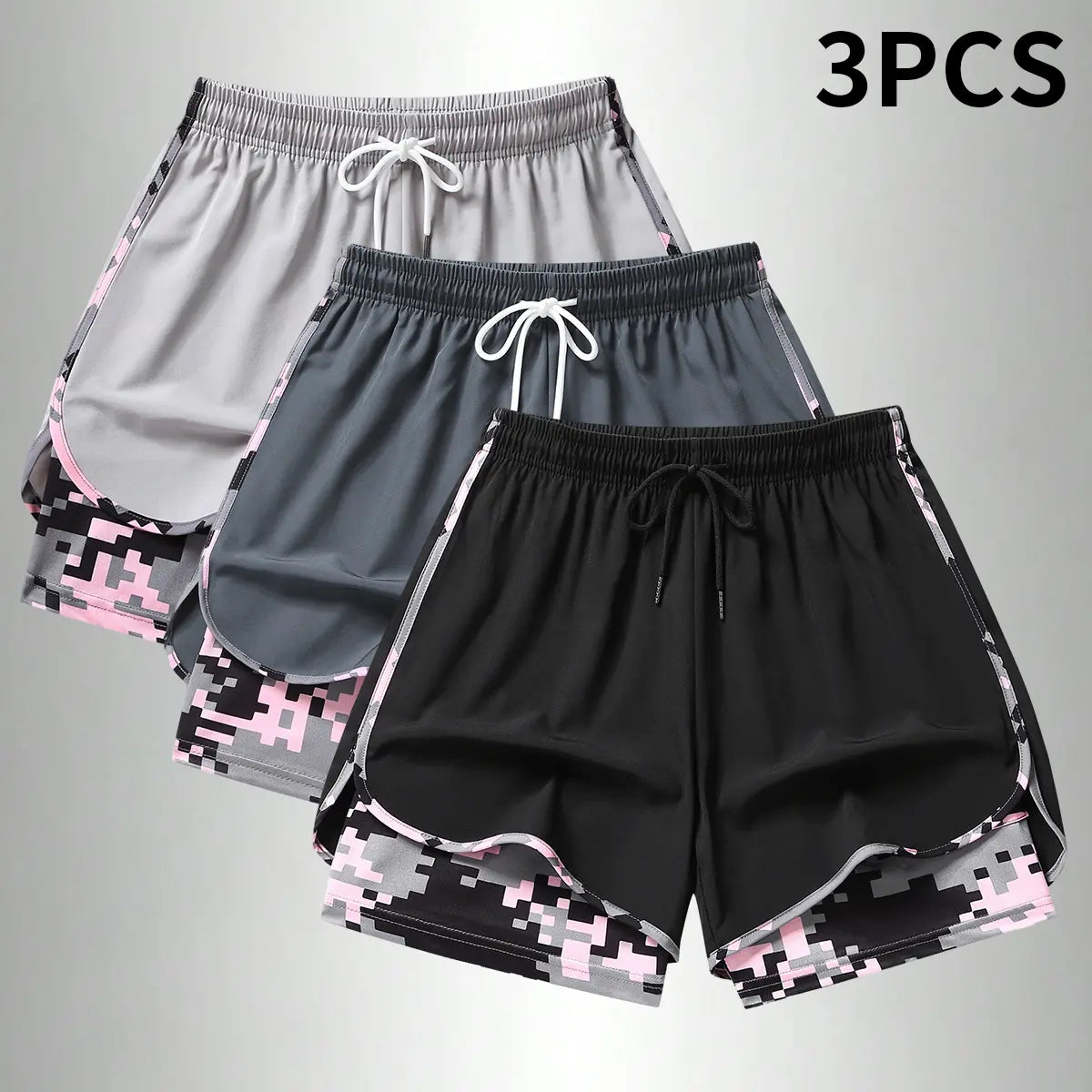 3PCS Women'S Sports Shorts, Camo Lined Polyester Athletic Shorts, Elastic Drawstring Waist, Casual Lightweight Shorts for Running, Gym Workouts & Daily Casual Wear,Summerwins