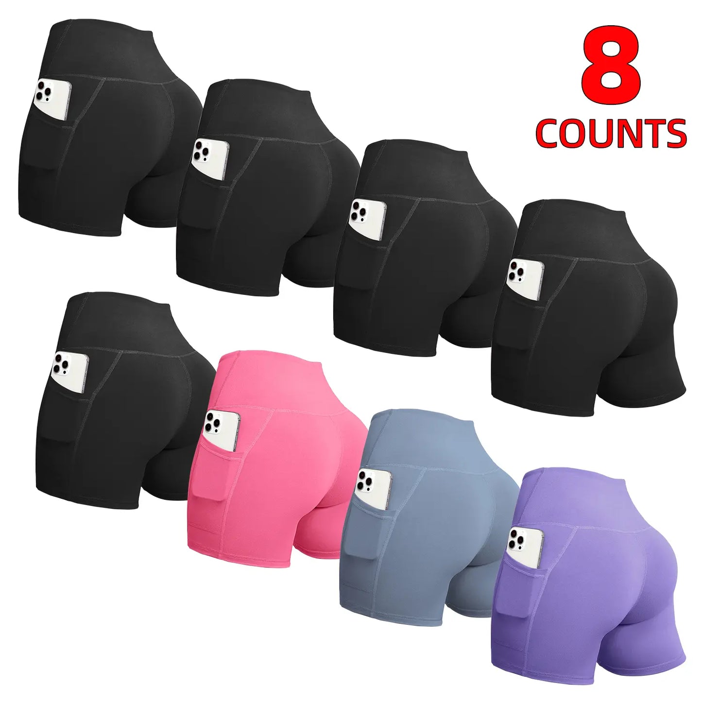 6/8 PACKS High Waisted Biker Shorts for Women with Pockets Tummy Control Fitness Athletic Workout Running Yoga Gym Shorts