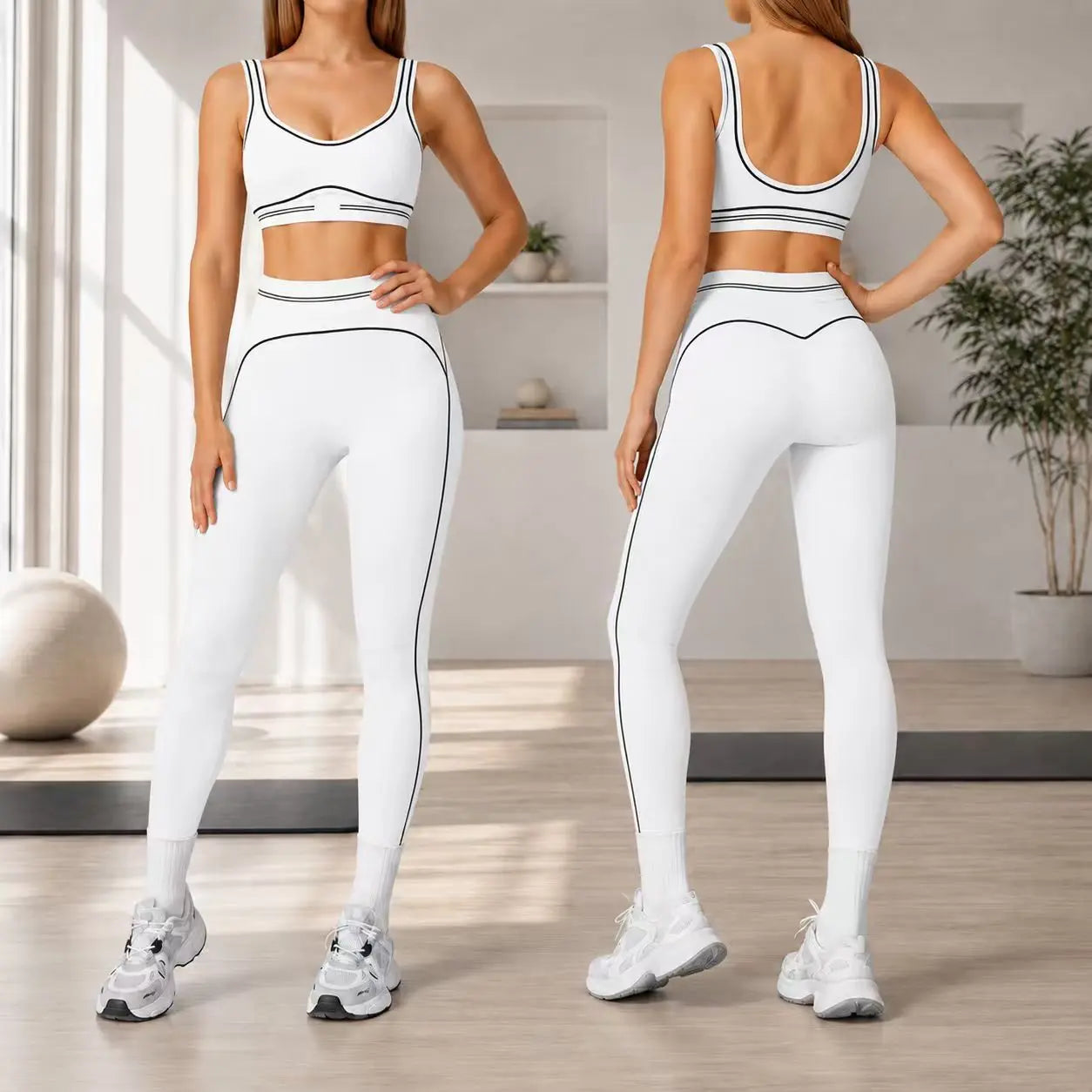 Trend Contrast Stripe Trim Sport Two Piece Set, Breathable Buttery Soft Seamless Yoga Bra & Hip Shaping Leggings Activewear Suit