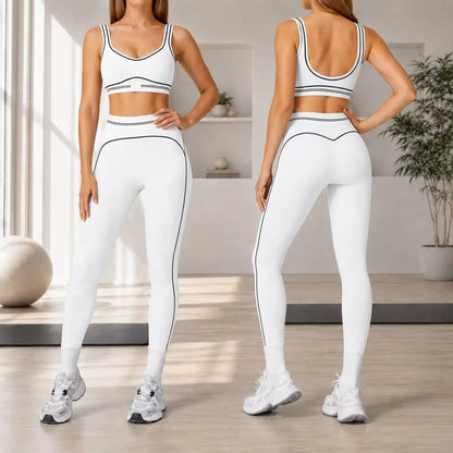 Trend Contrast Stripe Trim Sport Two Piece Set, Breathable Buttery Soft Seamless Yoga Bra & Hip Shaping Leggings Activewear Suit