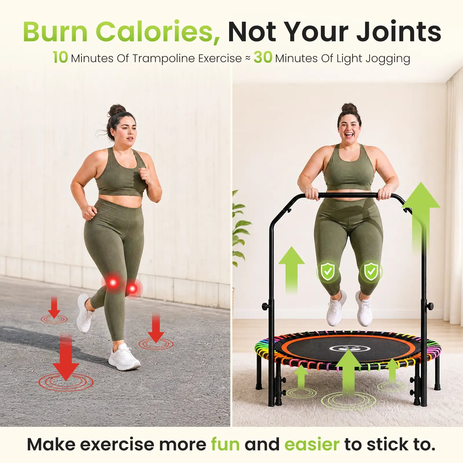 FUNSEEK 48" Foldable Mini Trampoline for Adults & Kids, Quiet & Stable Fitness Rebounder with 4-Level Adjustable Handlebar, Resistance Bands Included, Supports up to 650 LBS