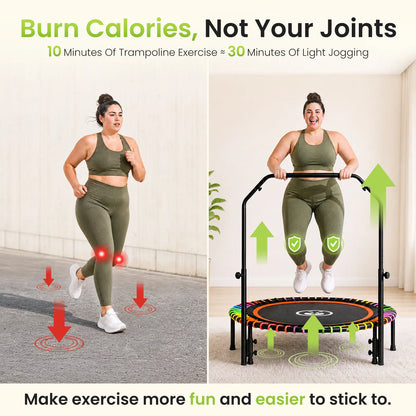 FUNSEEK 48" Foldable Mini Trampoline for Adults & Kids, Quiet & Stable Fitness Rebounder with 4-Level Adjustable Handlebar, Resistance Bands Included, Supports up to 650 LBS
