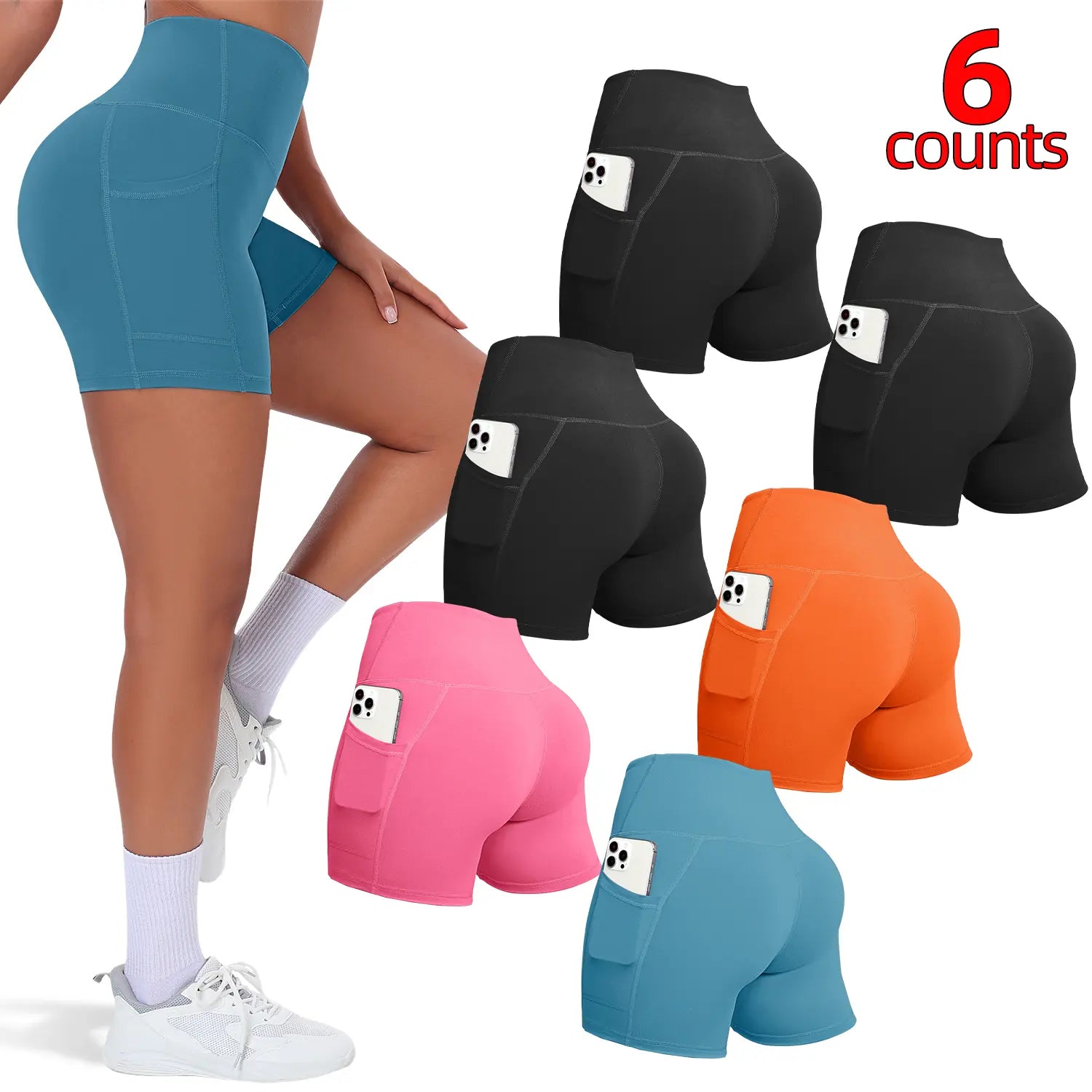 6/8 PACKS High Waisted Biker Shorts for Women with Pockets Tummy Control Fitness Athletic Workout Running Yoga Gym Shorts