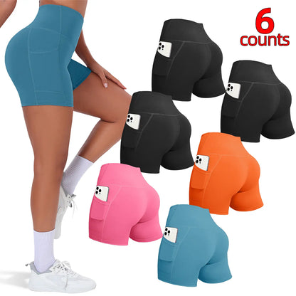 6/8 PACKS High Waisted Biker Shorts for Women with Pockets Tummy Control Fitness Athletic Workout Running Yoga Gym Shorts
