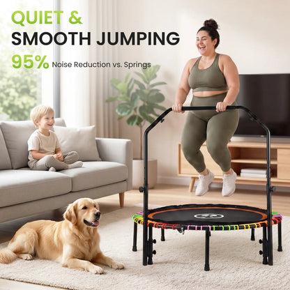 FUNSEEK 48" Foldable Mini Trampoline for Adults & Kids, Quiet & Stable Fitness Rebounder with 4-Level Adjustable Handlebar, Resistance Bands Included, Supports up to 650 LBS