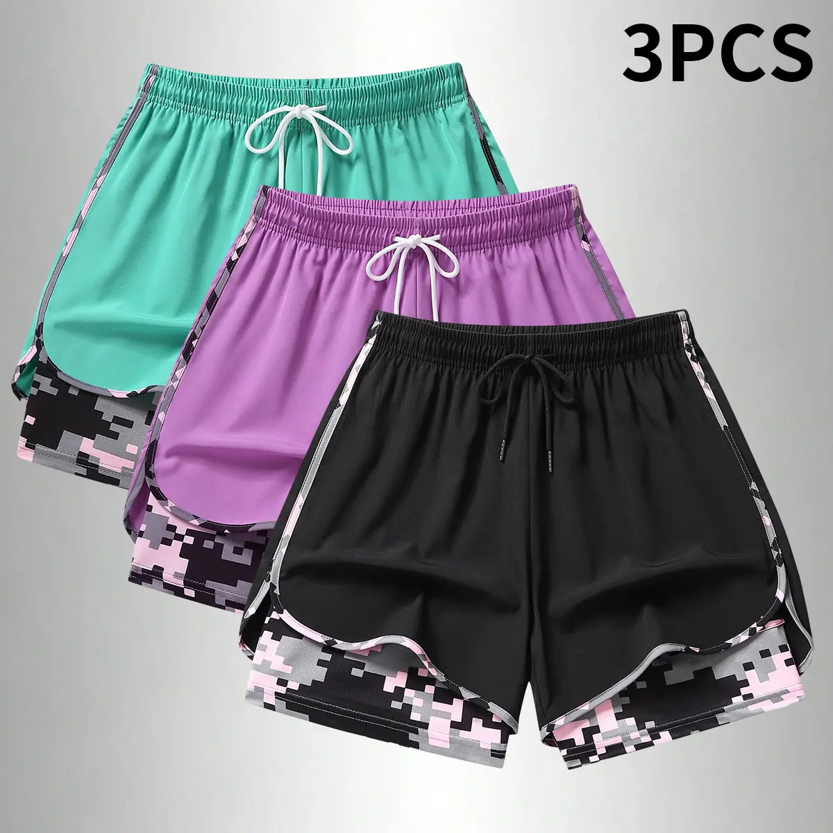 3PCS Women'S Sports Shorts, Camo Lined Polyester Athletic Shorts, Elastic Drawstring Waist, Casual Lightweight Shorts for Running, Gym Workouts & Daily Casual Wear,Summerwins