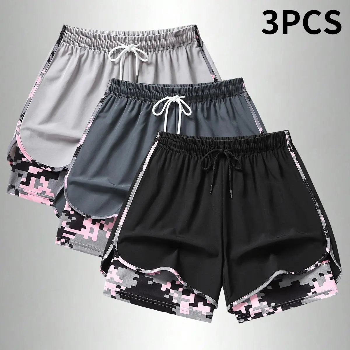 3PCS Women'S Sports Shorts, Camo Lined Polyester Athletic Shorts, Elastic Drawstring Waist, Casual Lightweight Shorts for Running, Gym Workouts & Daily Casual Wear,Summerwins