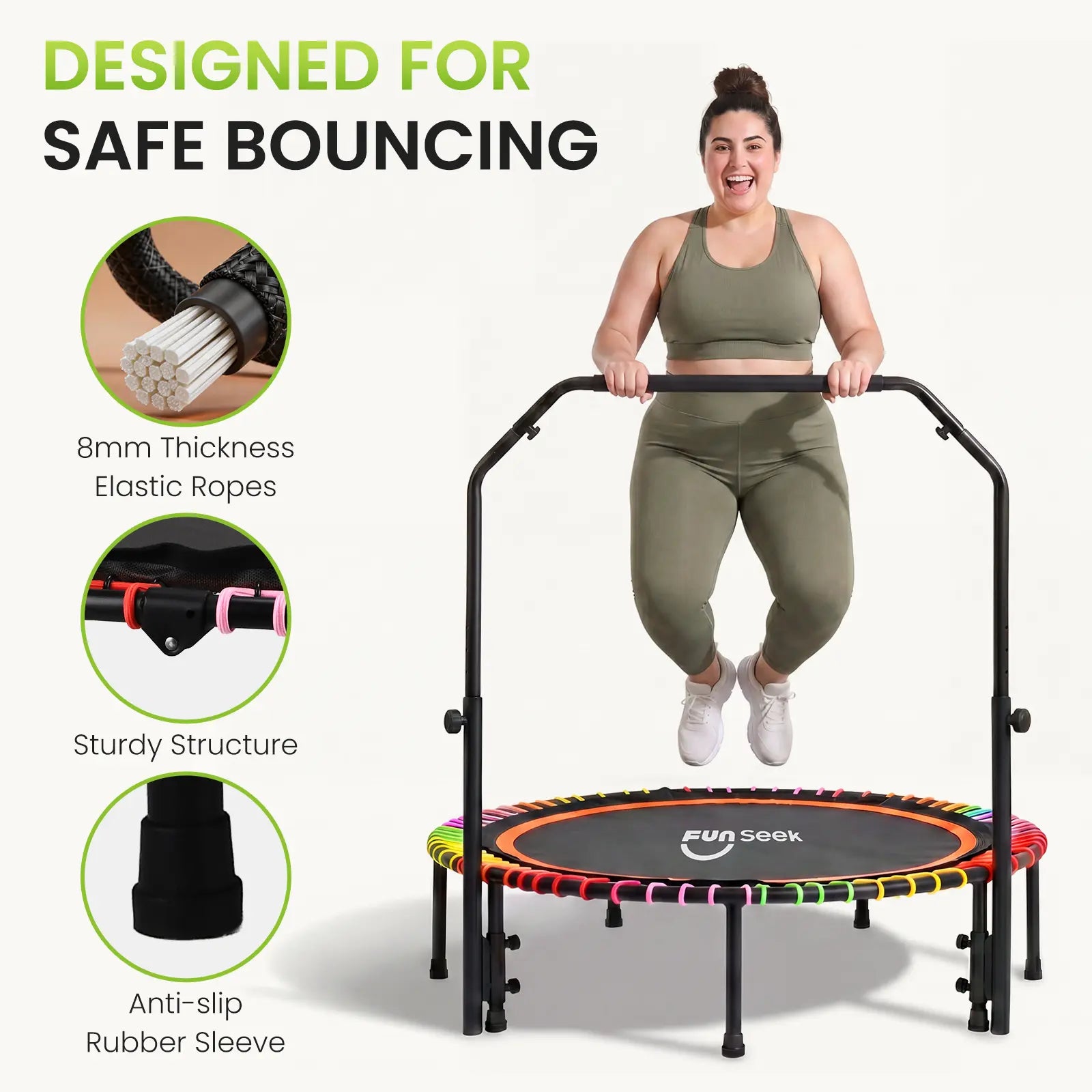 FUNSEEK 48" Foldable Mini Trampoline for Adults & Kids, Quiet & Stable Fitness Rebounder with 4-Level Adjustable Handlebar, Resistance Bands Included, Supports up to 650 LBS