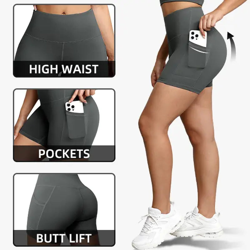 6/8 PACKS High Waisted Biker Shorts for Women with Pockets Tummy Control Fitness Athletic Workout Running Yoga Gym Shorts