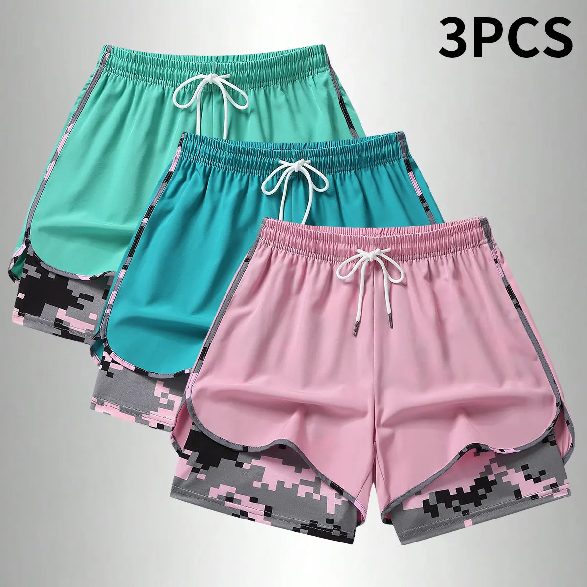 3PCS Women'S Sports Shorts, Camo Lined Polyester Athletic Shorts, Elastic Drawstring Waist, Casual Lightweight Shorts for Running, Gym Workouts & Daily Casual Wear,Summerwins