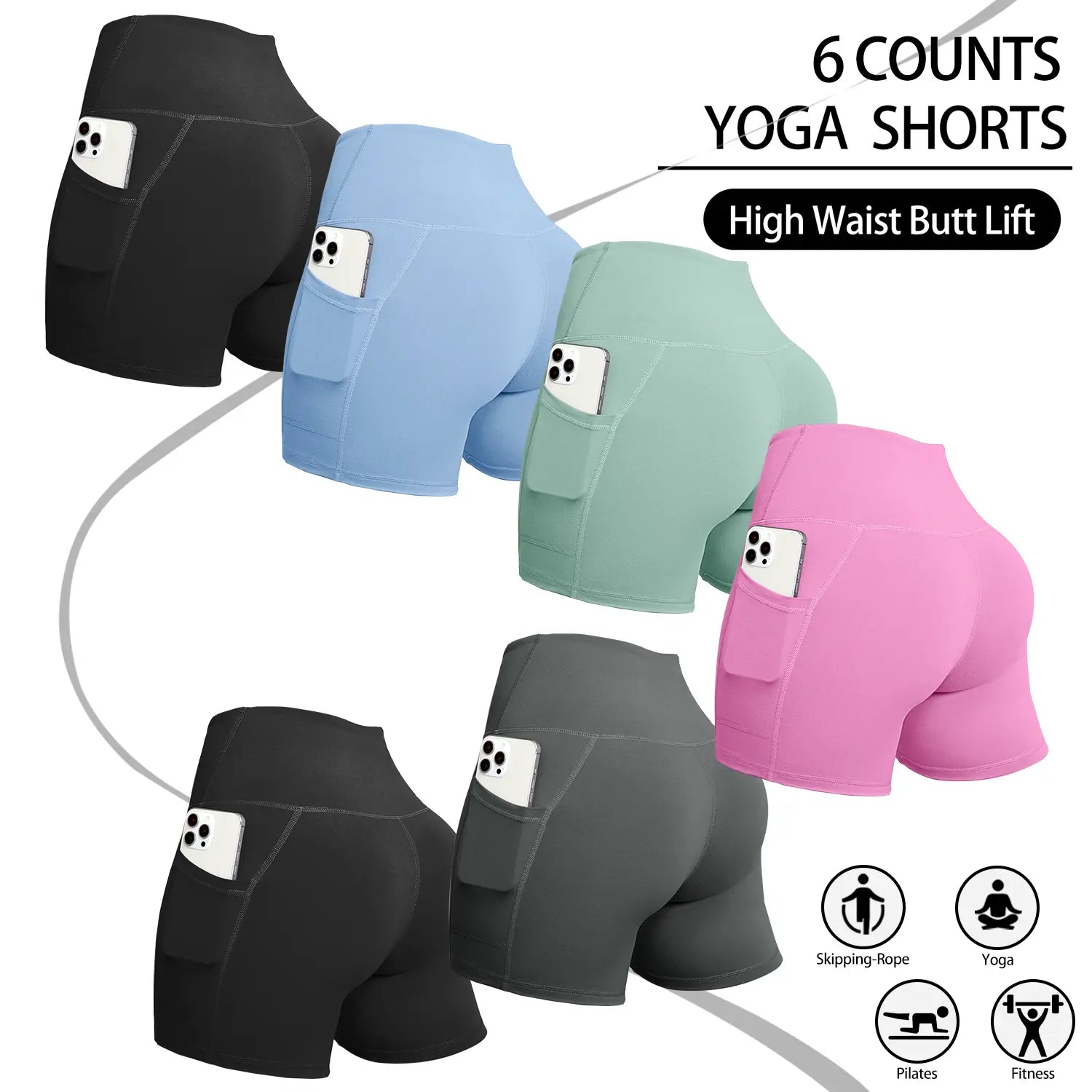 6/8 PACKS High Waisted Biker Shorts for Women with Pockets Tummy Control Fitness Athletic Workout Running Yoga Gym Shorts