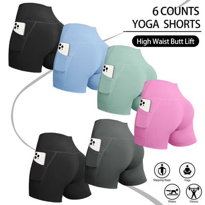 6/8 PACKS High Waisted Biker Shorts for Women with Pockets Tummy Control Fitness Athletic Workout Running Yoga Gym Shorts