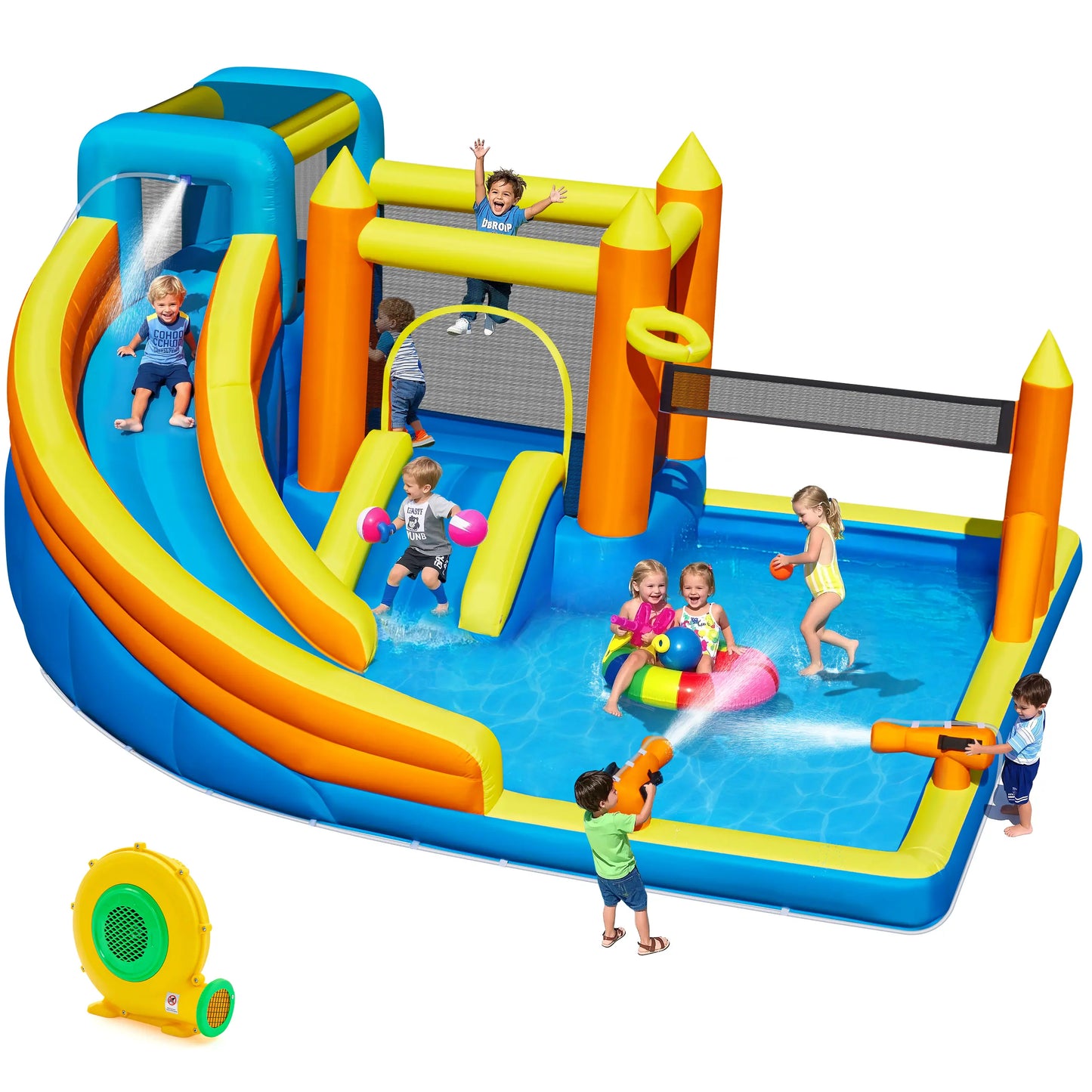 Inflatable Water Slide for 4-6 Kids, Big Water Bounce House for Kid Backyard, Blow up Water Park with 550W Blower, Splash Pool, Water Cannon, Climbing Wall for Kids Outdoor and Indoor