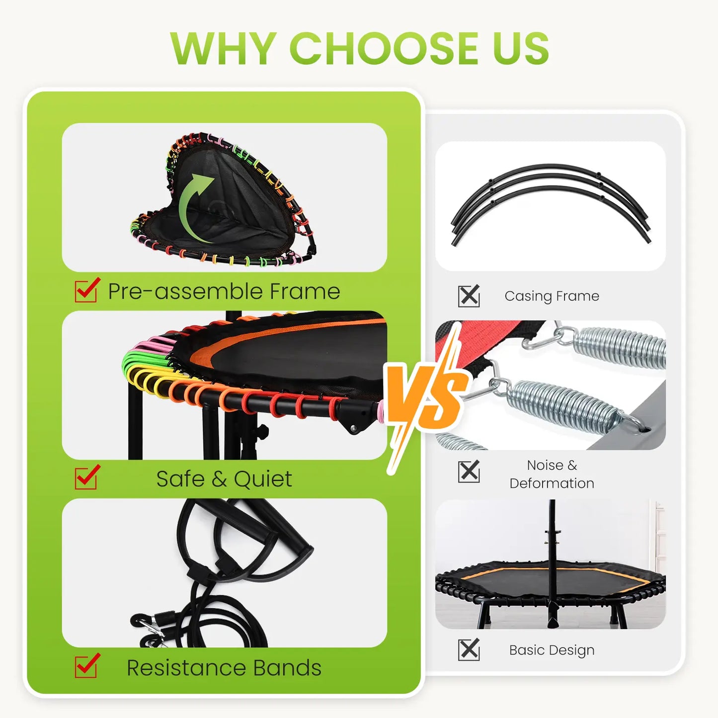 FUNSEEK 48" Foldable Mini Trampoline for Adults & Kids, Quiet & Stable Fitness Rebounder with 4-Level Adjustable Handlebar, Resistance Bands Included, Supports up to 650 LBS