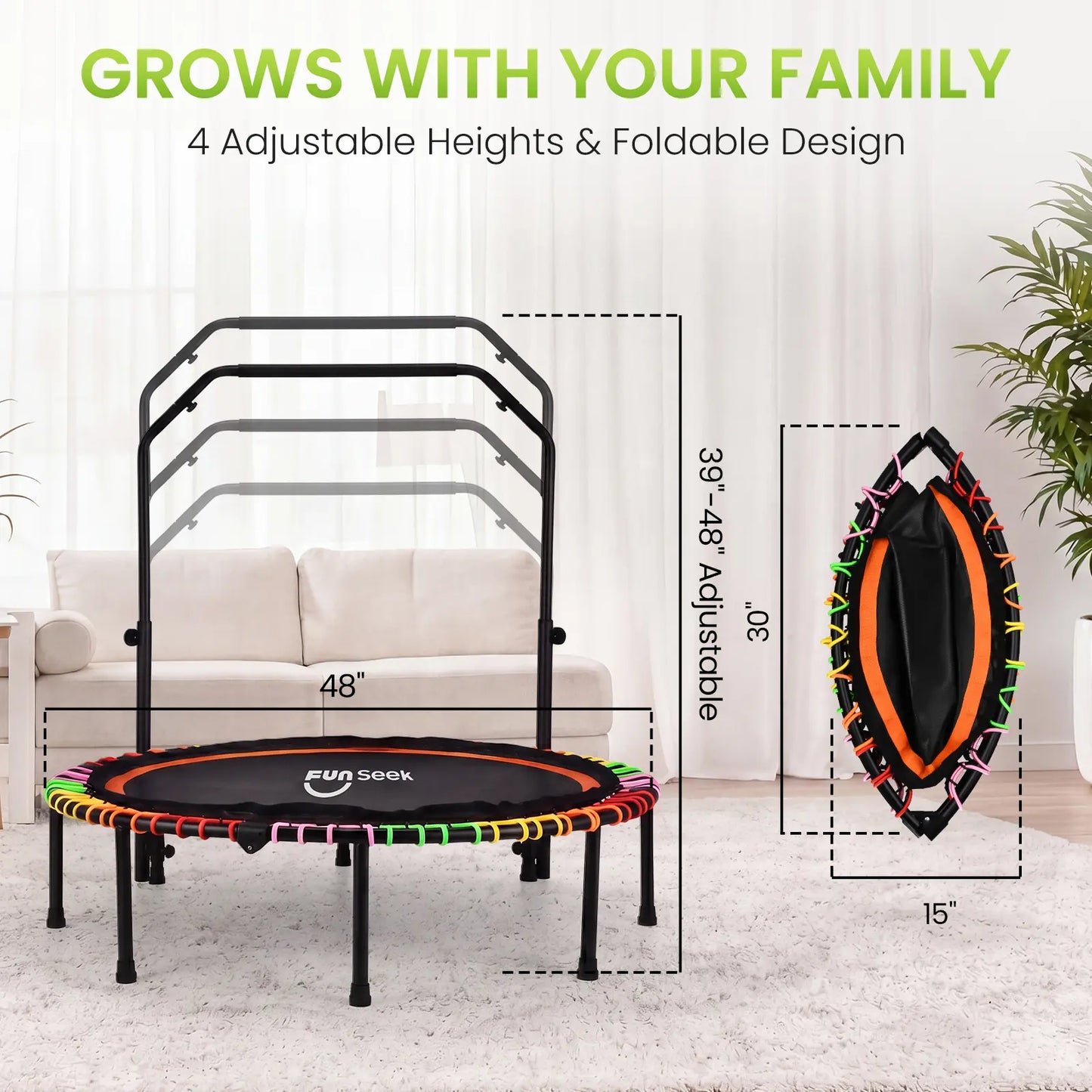 FUNSEEK 48" Foldable Mini Trampoline for Adults & Kids, Quiet & Stable Fitness Rebounder with 4-Level Adjustable Handlebar, Resistance Bands Included, Supports up to 650 LBS