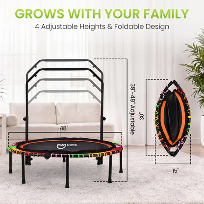 FUNSEEK 48" Foldable Mini Trampoline for Adults & Kids, Quiet & Stable Fitness Rebounder with 4-Level Adjustable Handlebar, Resistance Bands Included, Supports up to 650 LBS
