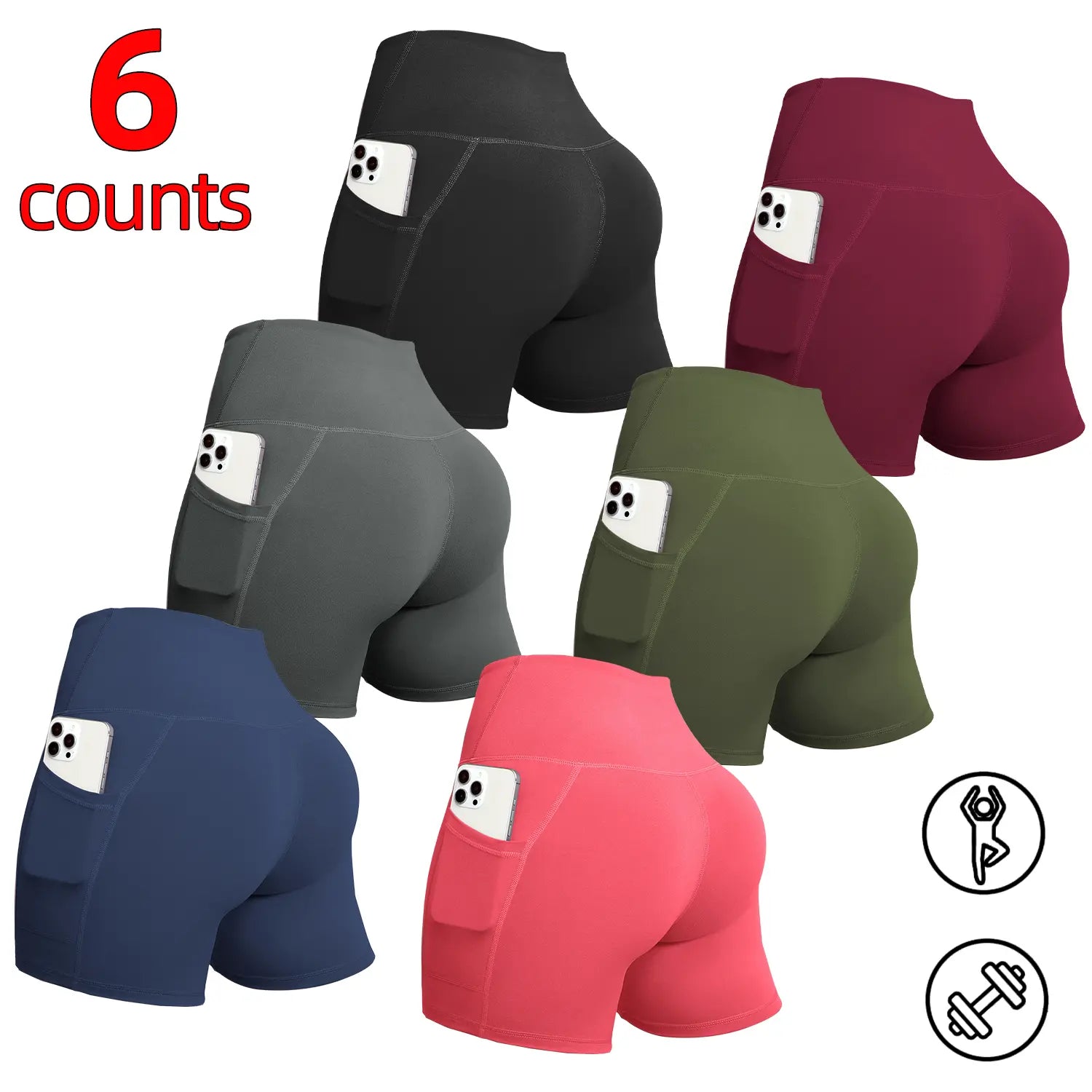 6/8 PACKS High Waisted Biker Shorts for Women with Pockets Tummy Control Fitness Athletic Workout Running Yoga Gym Shorts
